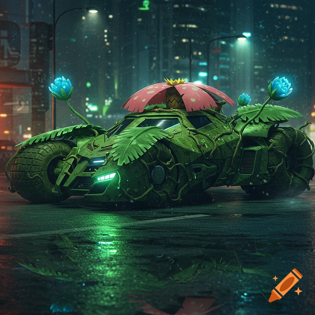 A photorealistic Venusaur-themed Batmobile covered in green leaves and vines, with a large pink flower on top, parked on a wet city street at night.