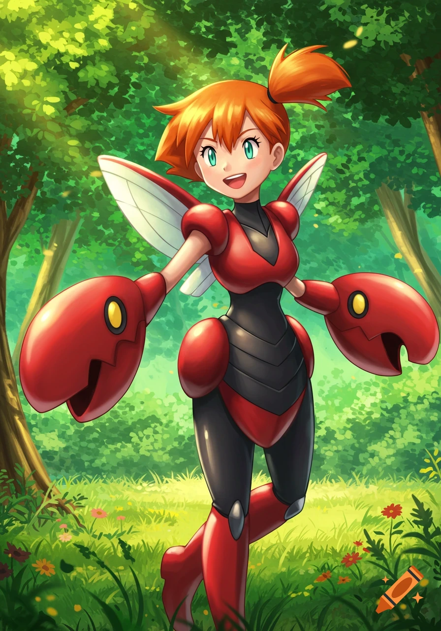 Anime style illustration of Misty from Pokemon in a red and black Scizor costume with claws and wings, standing in a vibrant green forest.