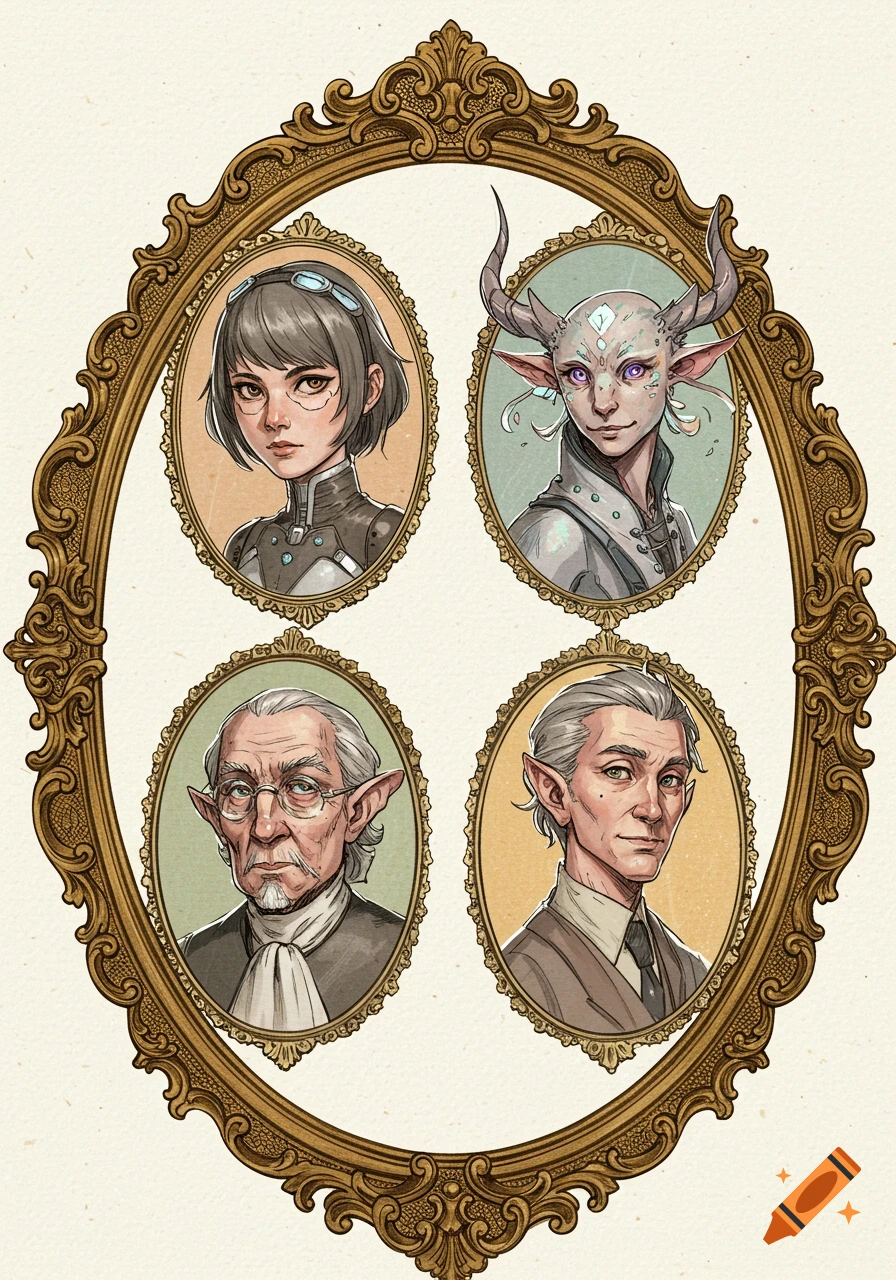 Four fantasy character portraits in an ornate gold frame: a short-haired woman, a horned creature, an old elf, and a younger elf.