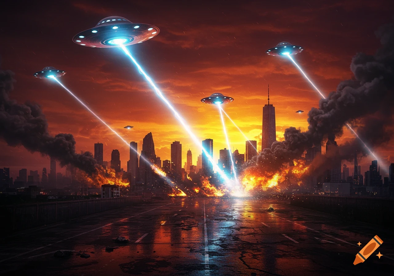 UFOs shoot blue beams at a burning city skyline under a fiery orange sky, with a dark, wet road in the foreground.