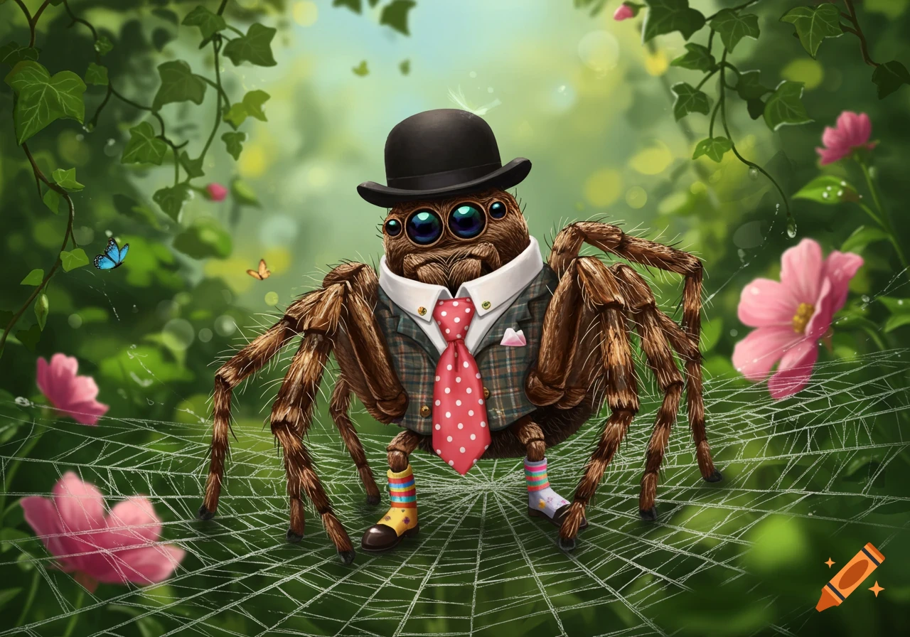 A whimsical spider in a bowler hat, plaid jacket, red polka-dot tie, and mismatched socks stands on a web in a lush garden.