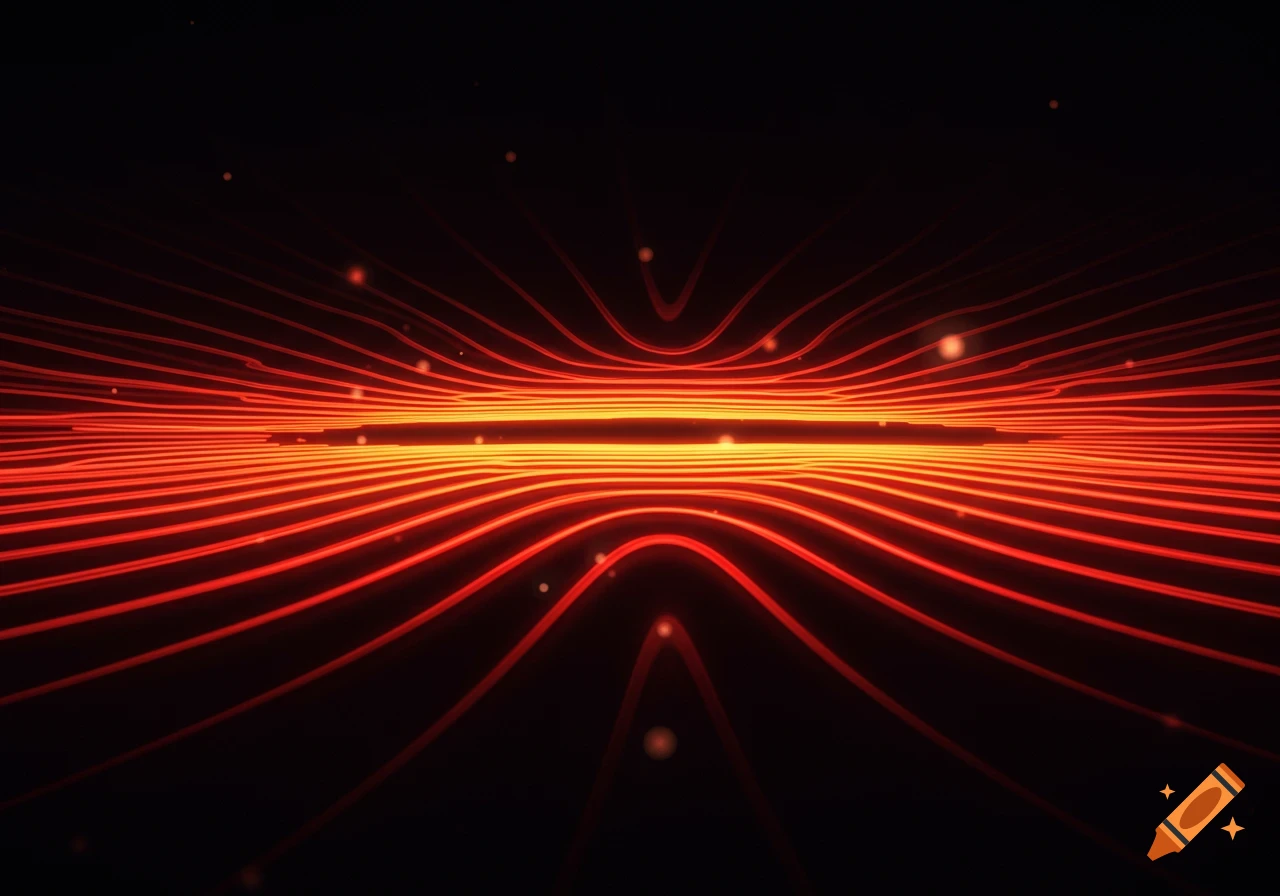 Abstract image with glowing red and orange lines radiating outwards on a dark background, forming a horizon-like shape.