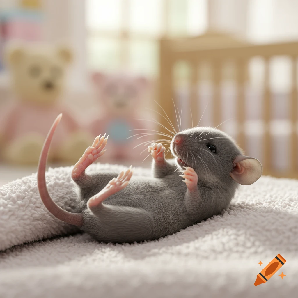 An adorable gray baby mouse lies on its back, paws in the air, in a soft nursery setting.