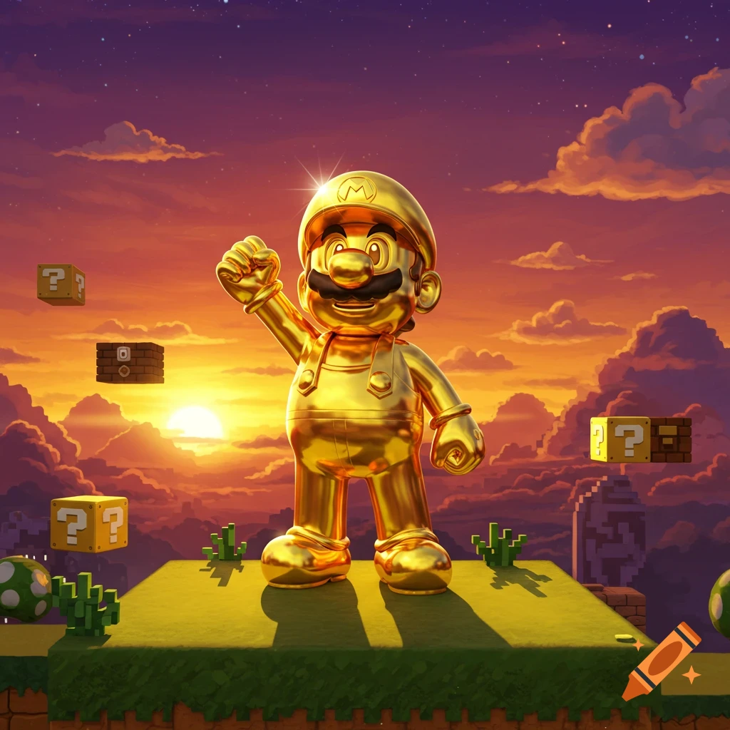 A golden Mario stands triumphantly on a grassy platform, raising a fist, with a vibrant sunset and floating question blocks in the background.