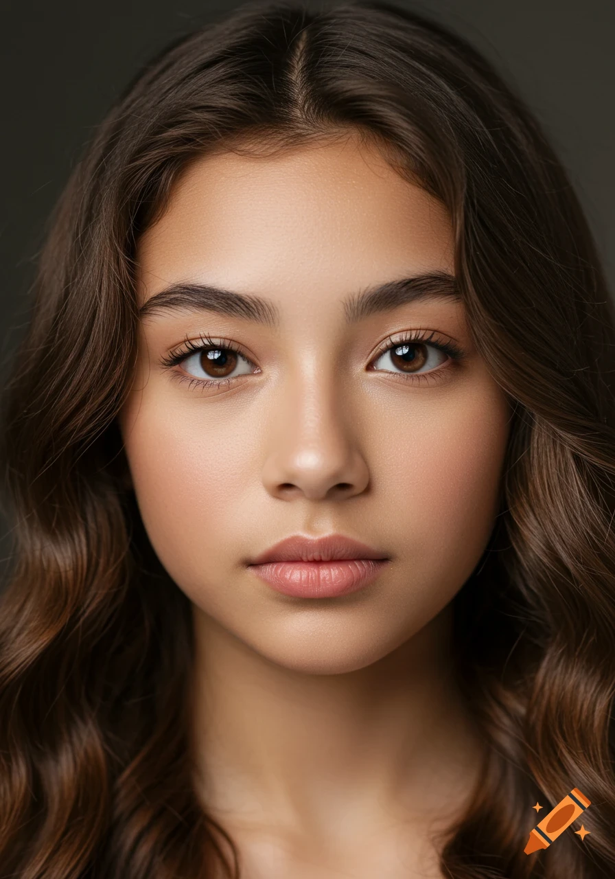 Photorealistic close-up portrait of a young girl with brown wavy hair, big brown eyes, and clear skin against a dark background.