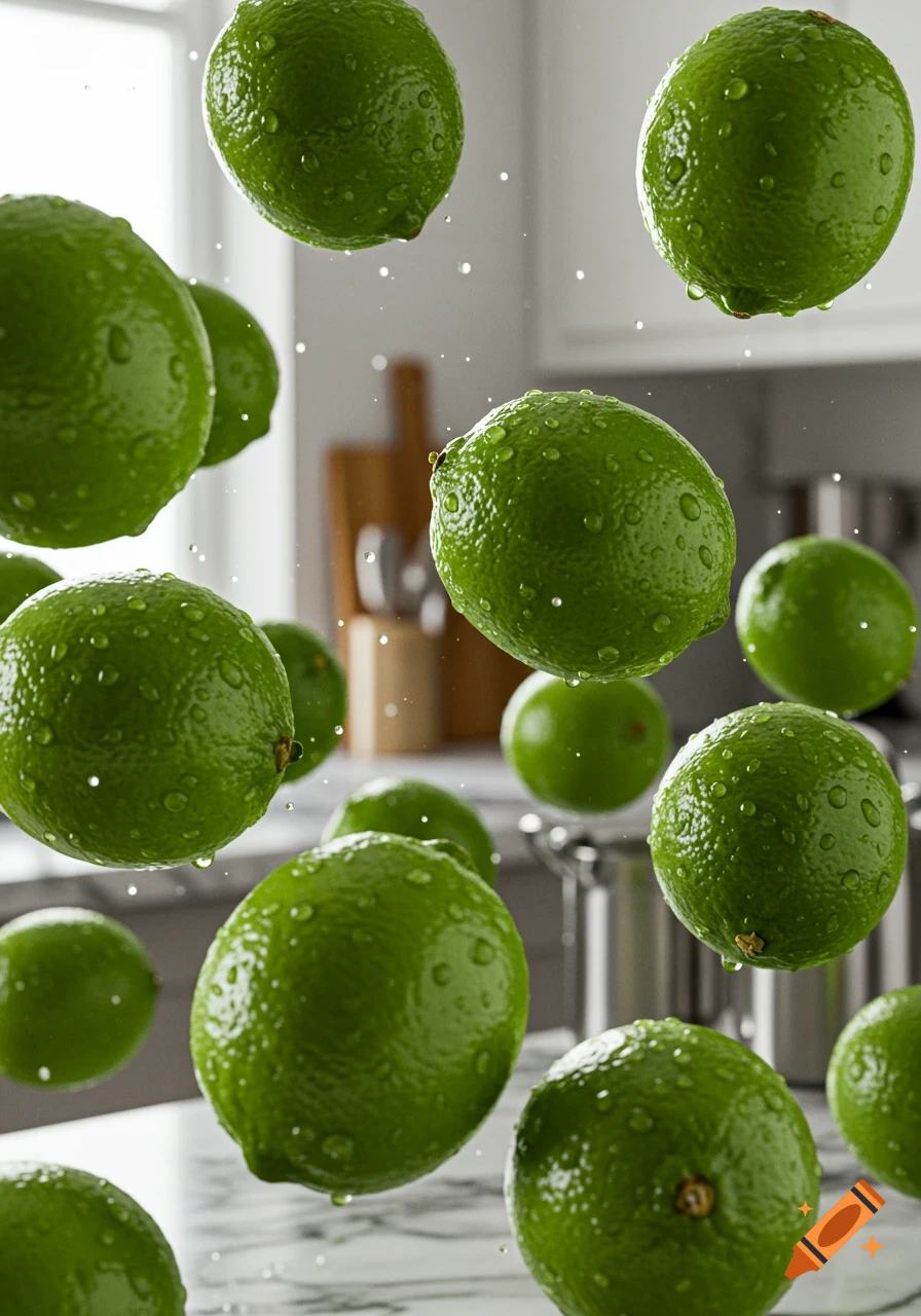 Numerous fresh limes covered in water droplets appear to be falling or floating in a bright kitchen.