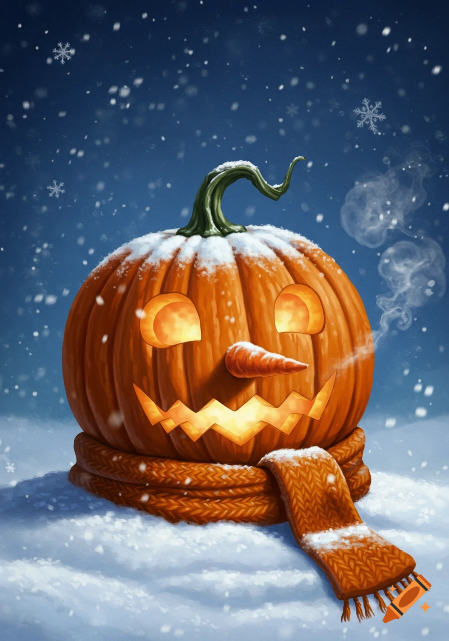 A whimsical jack-o'-lantern pumpkin with a carrot nose and orange scarf, covered in snow with falling snowflakes against a blue sky.