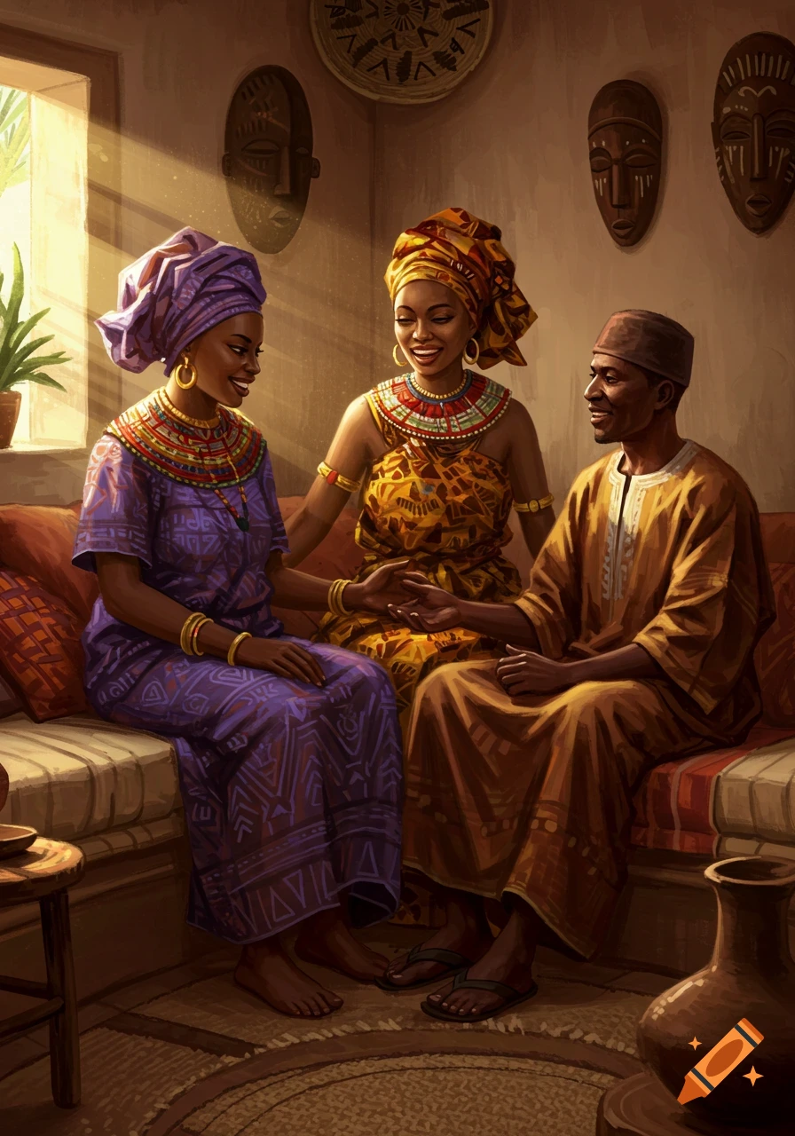 Two African women and a man in colorful traditional attire sit on a sofa, holding hands and smiling in a warm, traditionally decorated room.