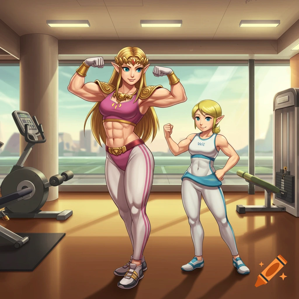 Cartoon Princess Zelda and Wii Fit Trainer, both muscular, flex their biceps in a gym with exercise equipment.