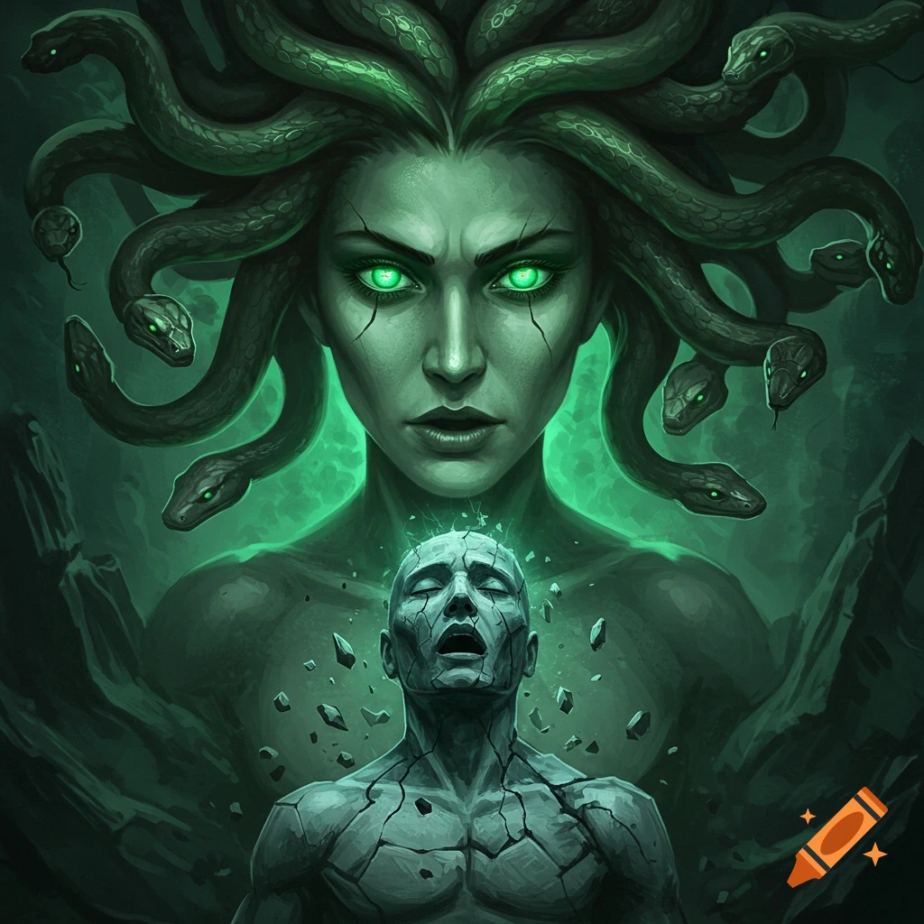 Dark fantasy illustration of Medusa with glowing green eyes petrifying a man who crumbles to stone.