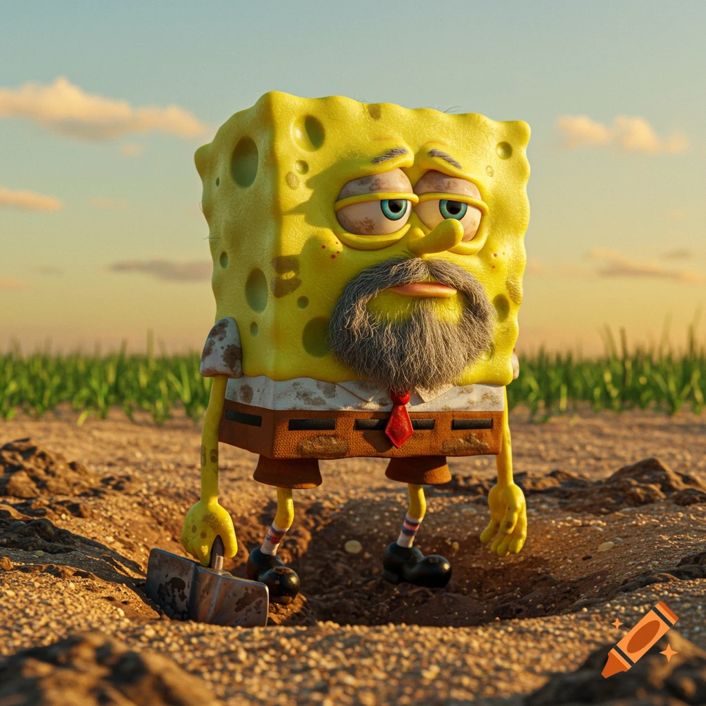 A realistic, tired, bearded Spongebob Squarepants is digging a hole in a field at sunset, covered in dirt.