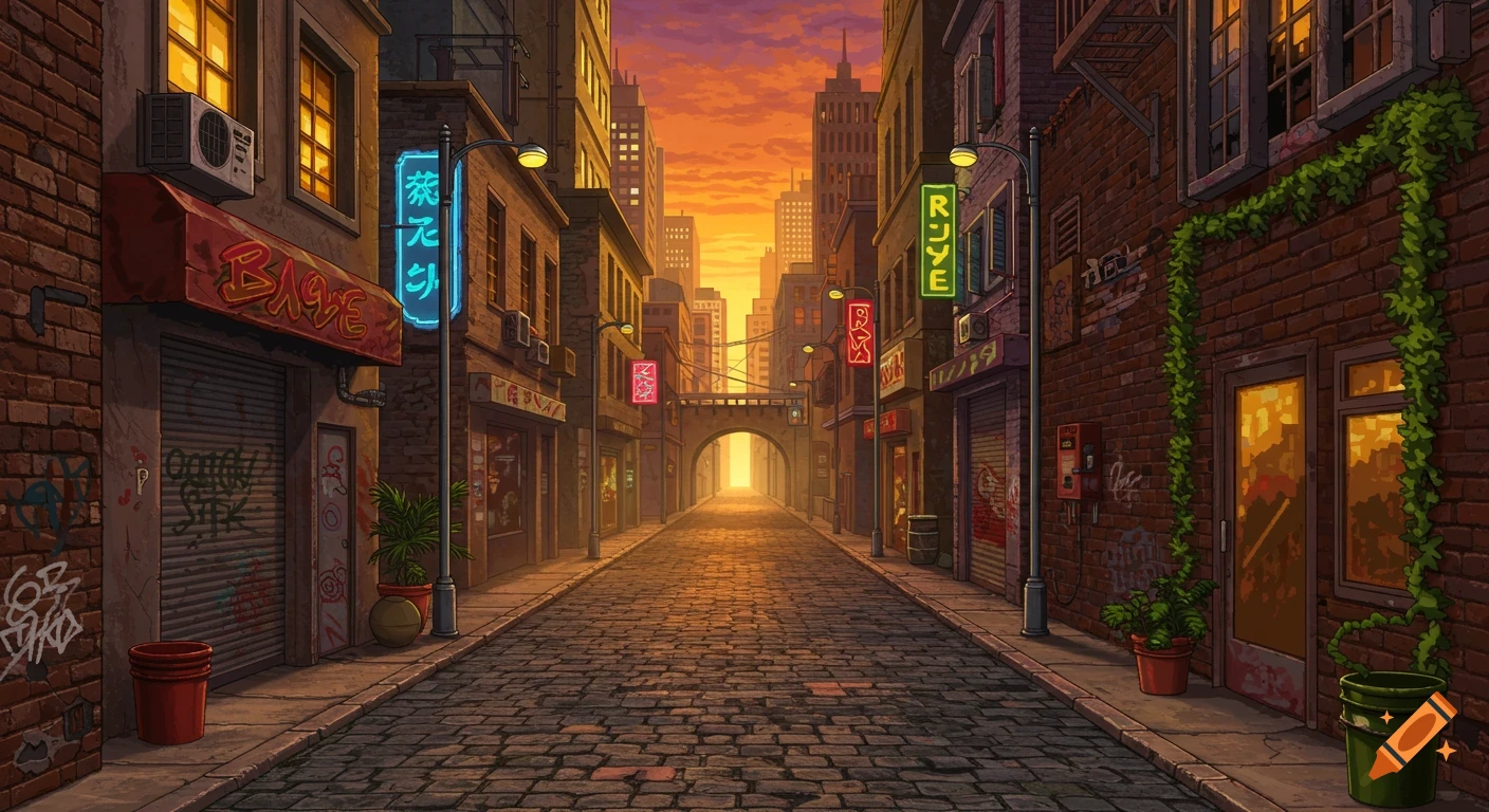 A stylized pixel art city street at sunset, with buildings lining a cobblestone path leading to a bright archway.