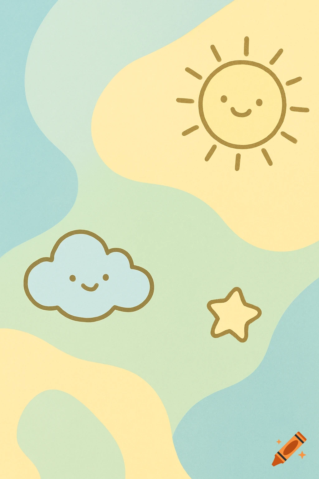 Minimalist children's illustration with a smiling sun, cloud, and star on a pastel blue, mint green, and yellow background.