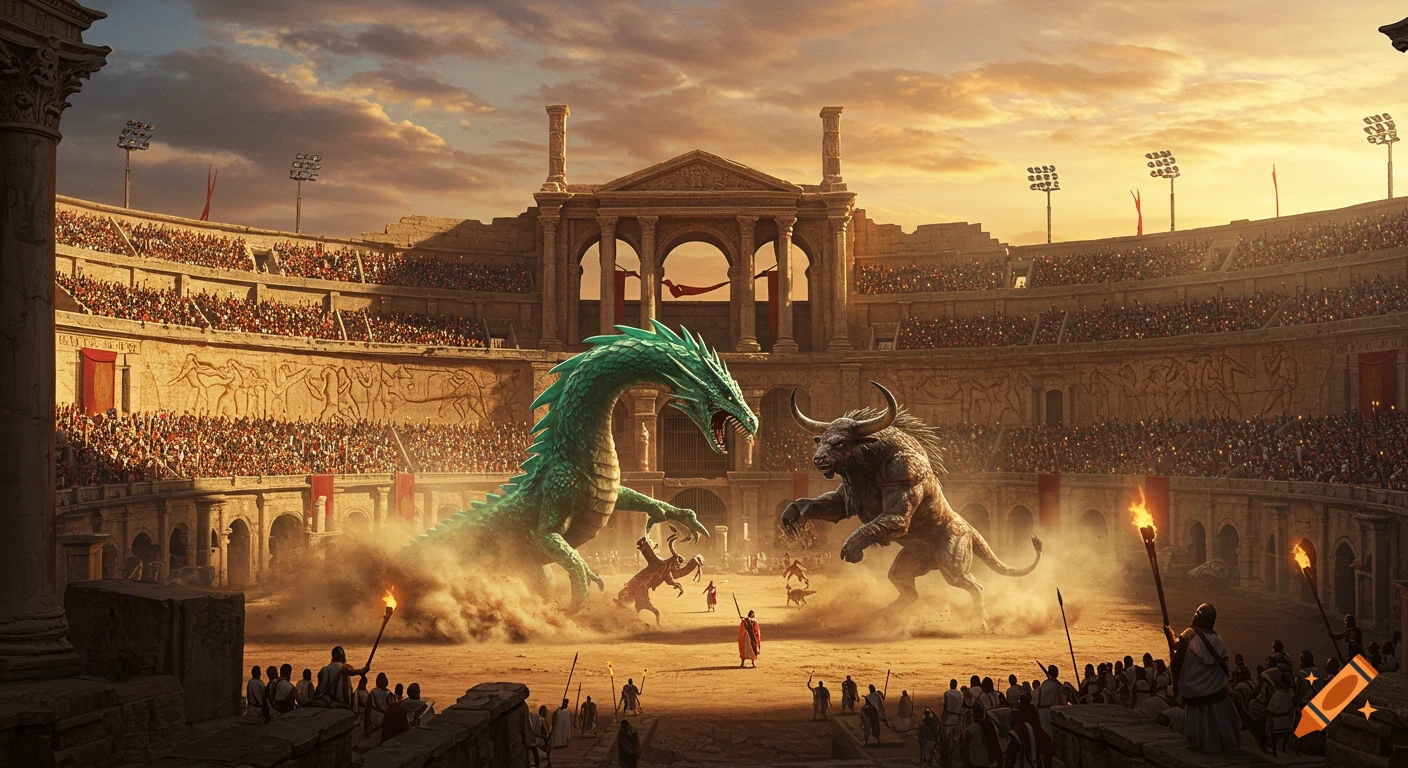 A green dragon battles a minotaur-like creature in a crowded ancient Roman coliseum with spectators and torchbearers at sunset.