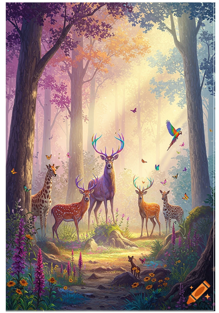 Vibrant fantasy art showing deer, a giraffe, and a parrot in an enchanted forest with colorful trees and glowing light.