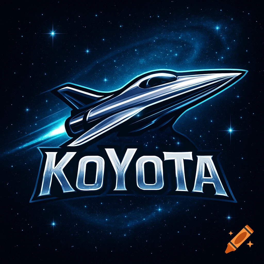 A sleek, metallic spaceship with blue exhaust against a starry galaxy background, with the stylized text 'KOYOTA' below it. Logo style.