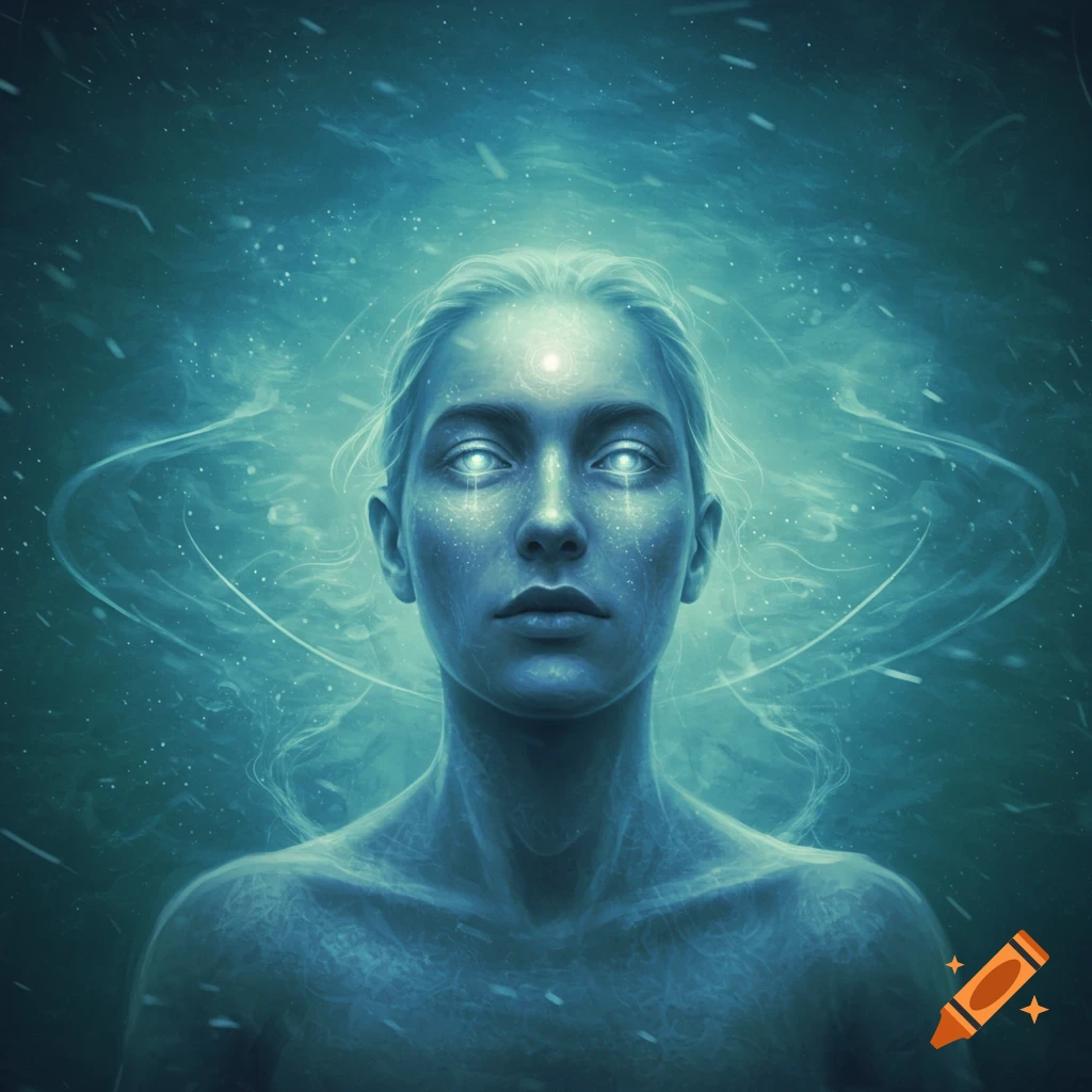 Ethereal figure with glowing eyes and third eye amidst swirling blue cosmic energy.