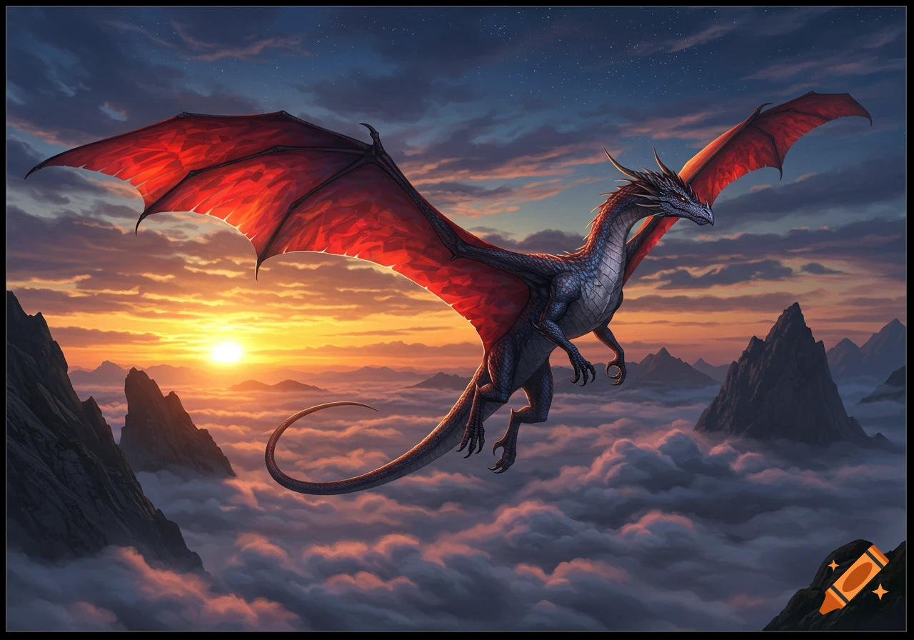 A dark dragon with red wings soars over misty mountains and clouds during a vibrant sunset, digital art.