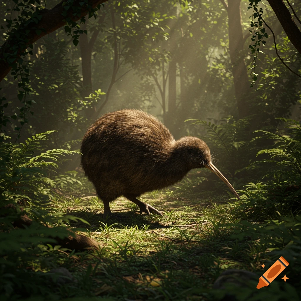 A photorealistic kiwi bird with a long beak foraging on the forest floor, surrounded by lush green foliage and sunlit mist.