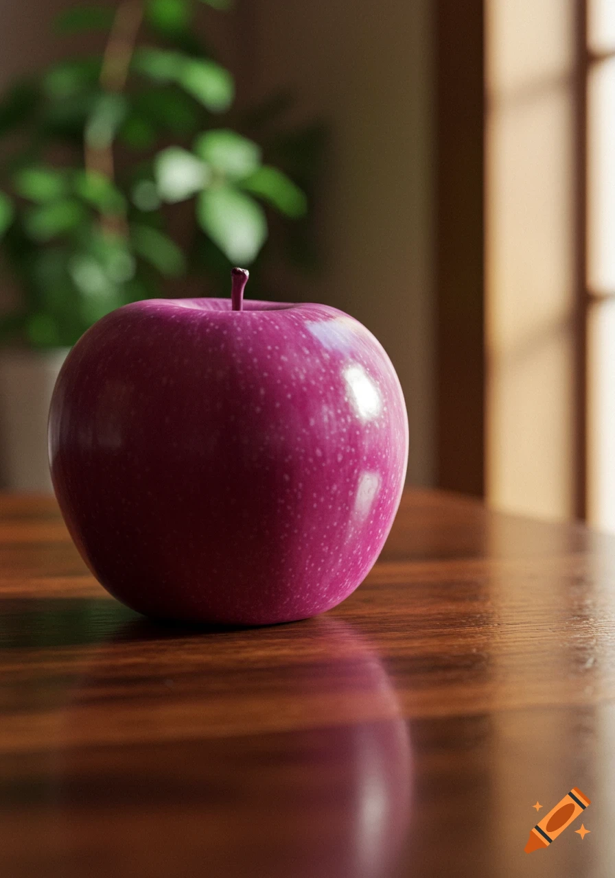 A vibrant purple apple sits on a polished wooden table, with a blurred green plant and natural light from a window.
