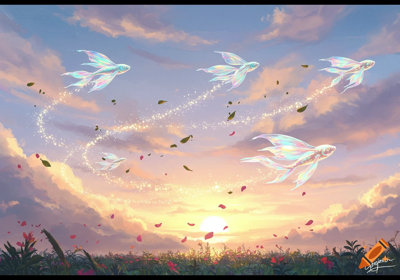 Iridescent fish-like creatures with flowing fins fly through a pastel sunset sky, leaving sparkling trails over a vibrant field of flowers.