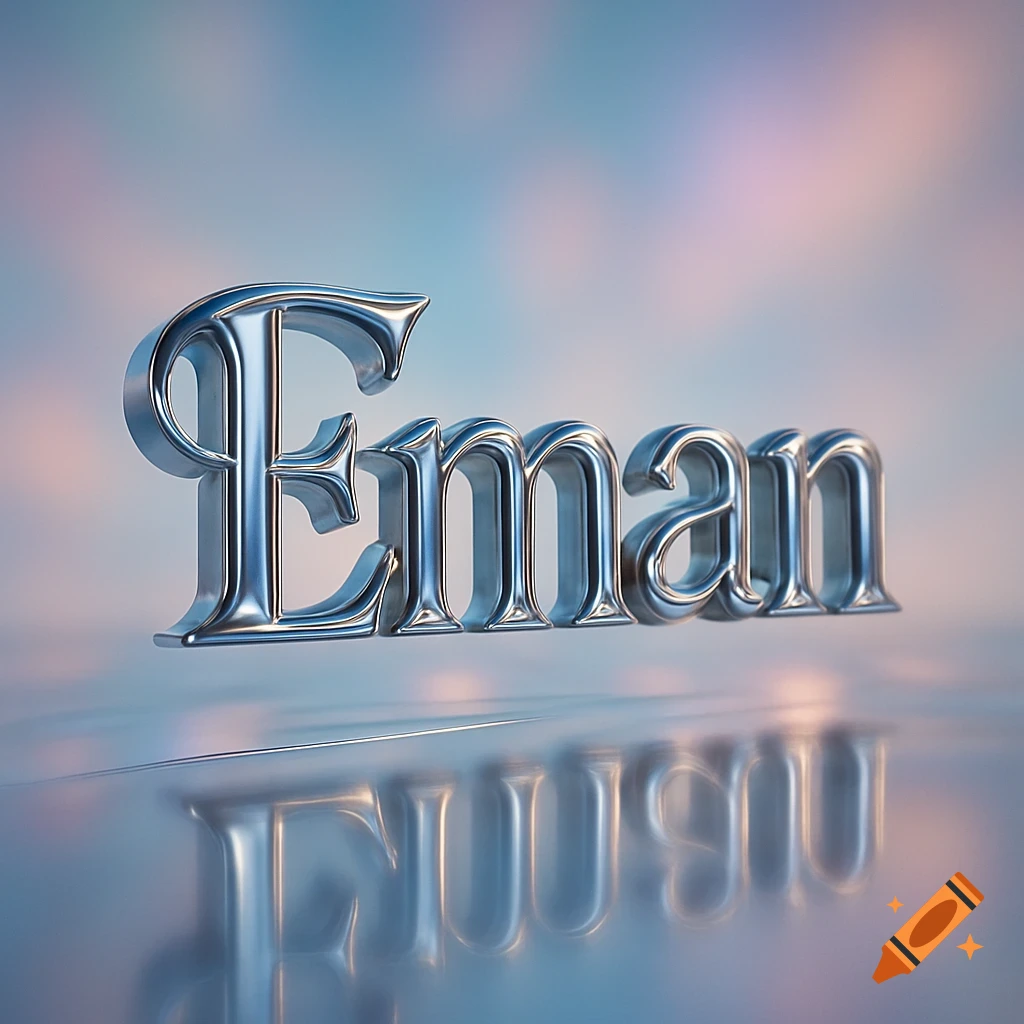 3D chrome text spelling 'Eman' floating above a reflective surface with a soft, pastel-colored background.