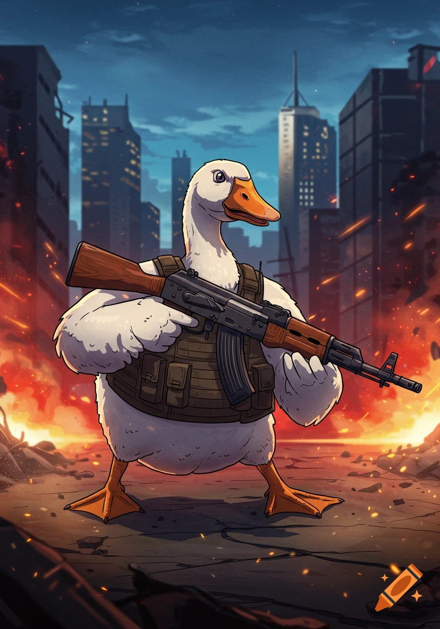 An anime-style white goose in military gear holds an AK-47 rifle in a destroyed city with explosions.