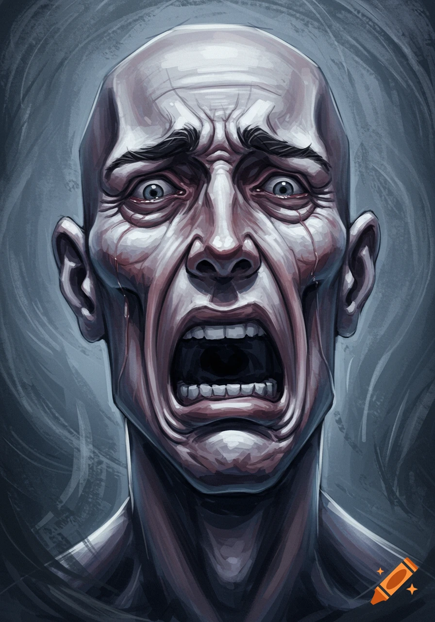 A stylized, sketchy portrait of a bald person's face screaming in agony, with tears visible and a distorted expression.