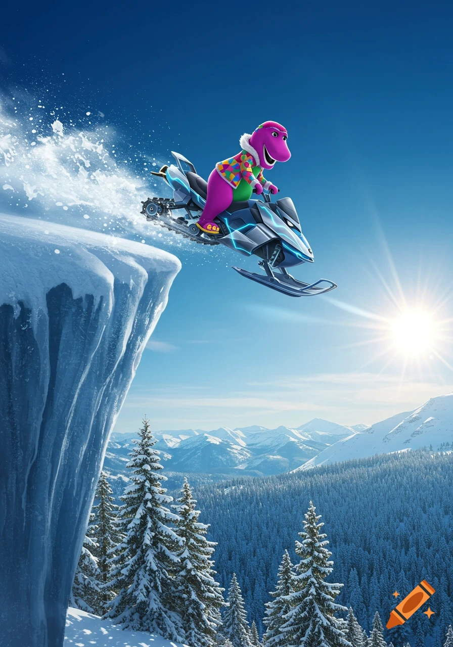 Barney the purple dinosaur on a snowmobile jumps off a snowy cliff in a sunny winter mountain landscape.