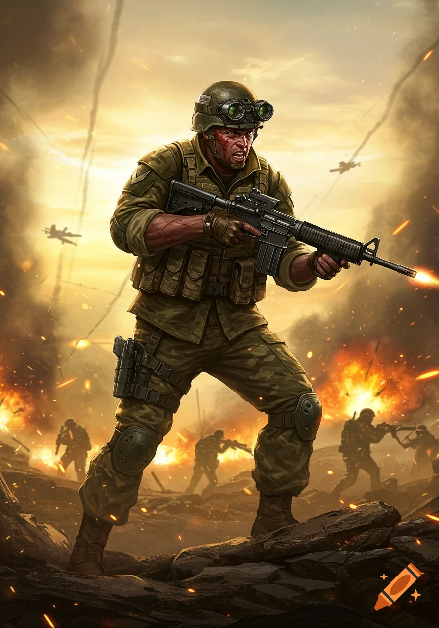 An illustrated soldier with a rifle firing in a chaotic battlefield with explosions and planes.