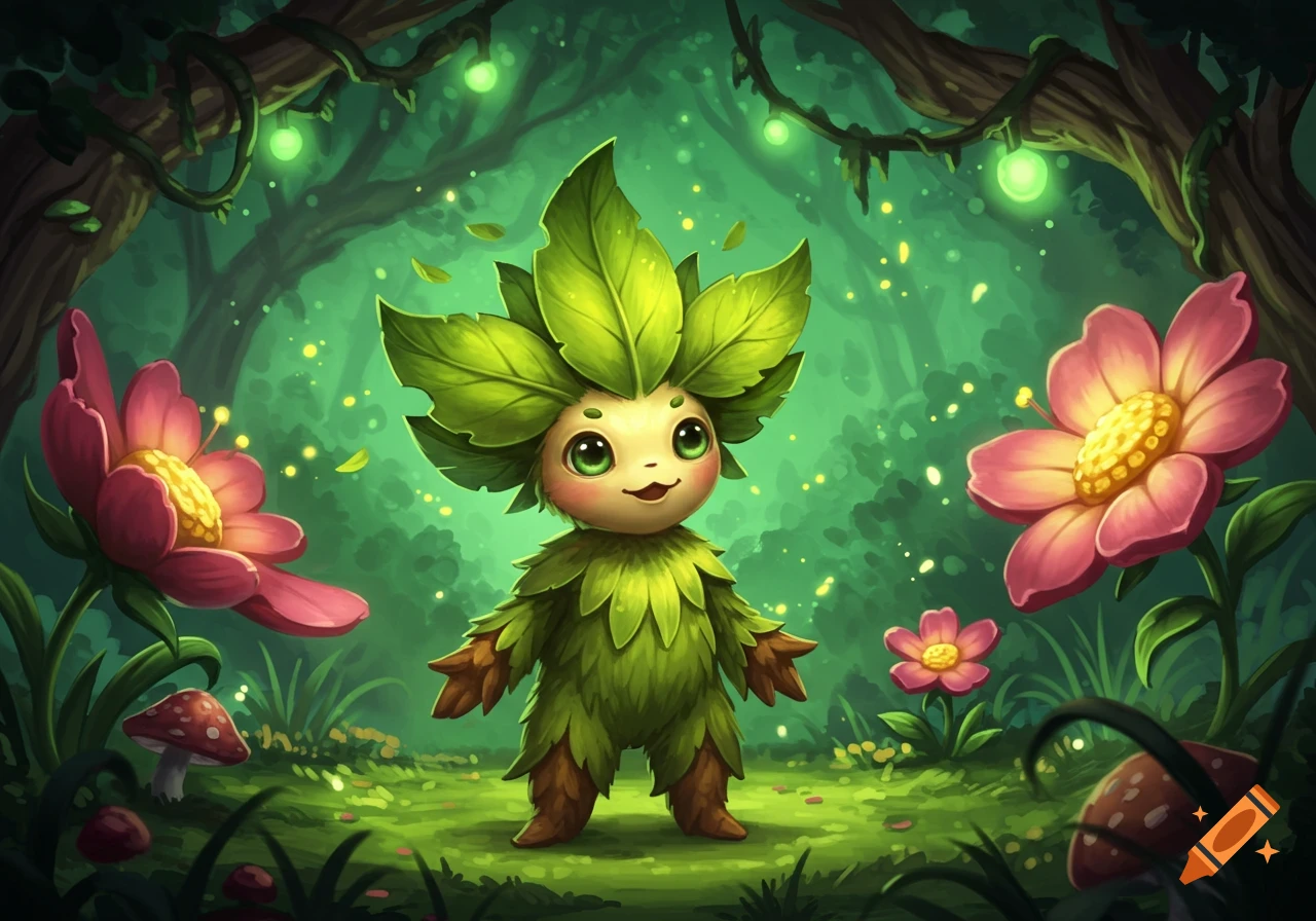 A cute, whimsical green leafy forest creature with large eyes smiles in a magical, glowing forest with pink flowers and mushrooms.