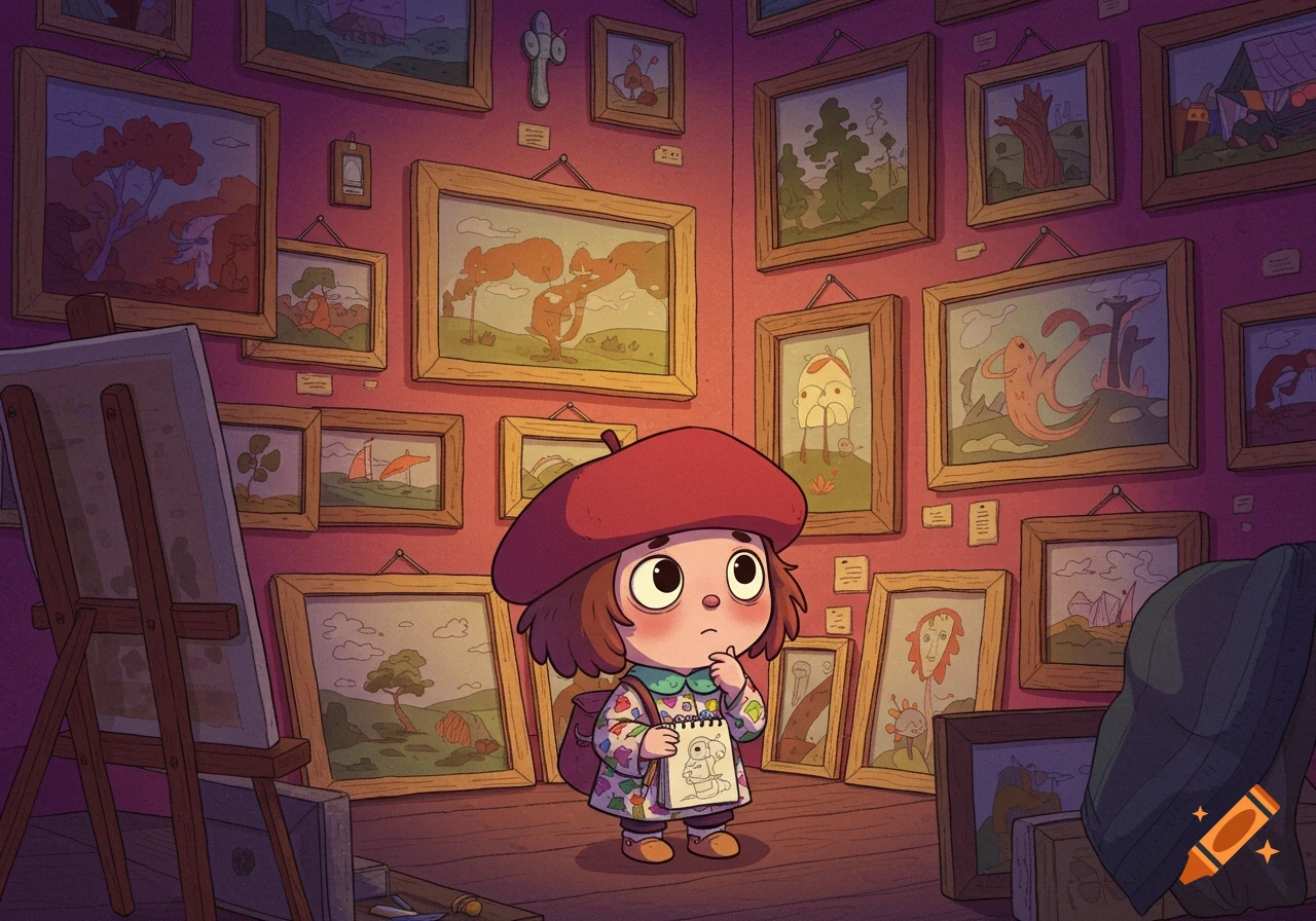 A confused small cartoon child in a red beret holds a sketchbook, looking up at many framed, colorful abstract paintings in an art gallery.