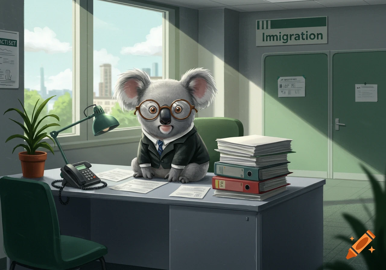A cartoon koala in a suit and glasses sits at an office desk with paperwork, a phone, and binders, with an "Imigration" sign on the wall.