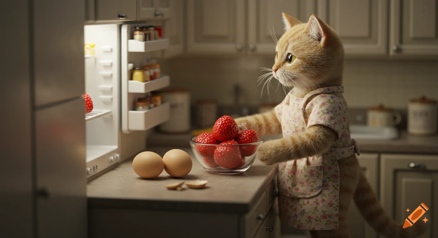 Photorealistic ginger cat in a floral apron reaching for a bowl of strawberries and eggs on a kitchen counter.