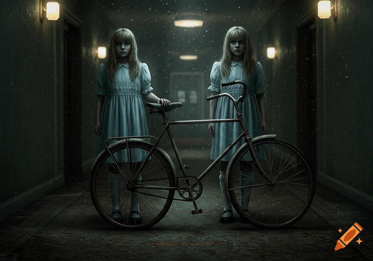 Two eerie twin girls in blue dresses stand with an old bicycle in a dark, snow-dusted hotel hallway.