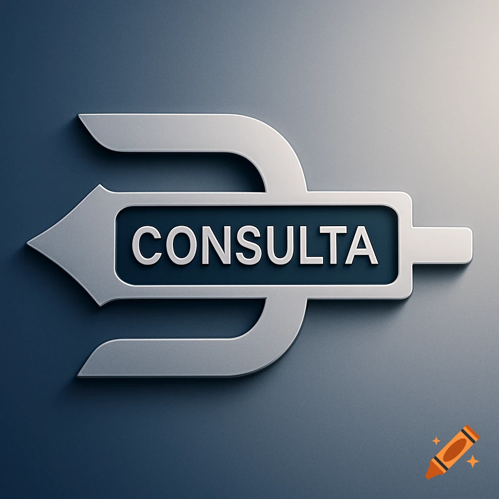 A silver 3D arrow or trident-like symbol with a dark blue rectangular button in the center that reads "CONSULTA" in white uppercase letters. The graphic is set against a blue-gray background.
