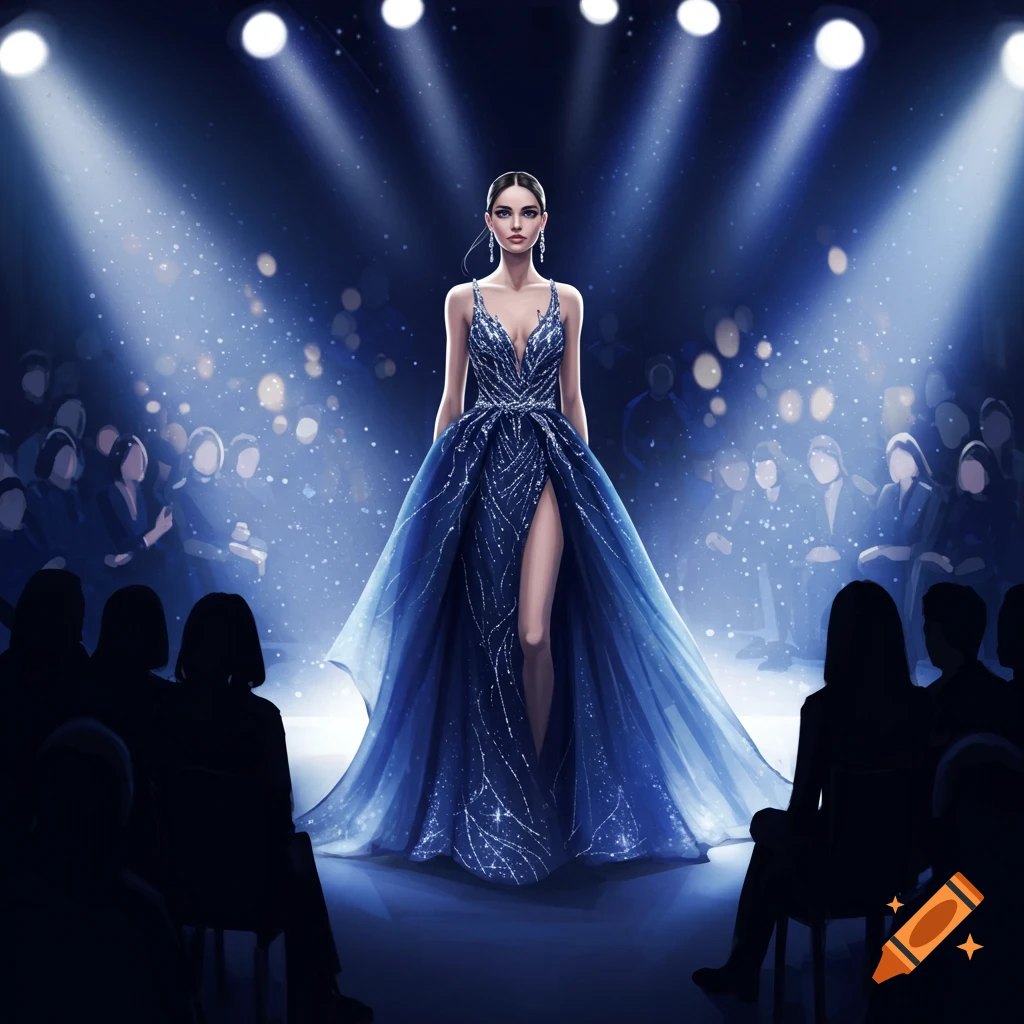 A woman in a sparkling blue gown with a high slit poses on a runway under bright spotlights, with a blurred audience in the background.