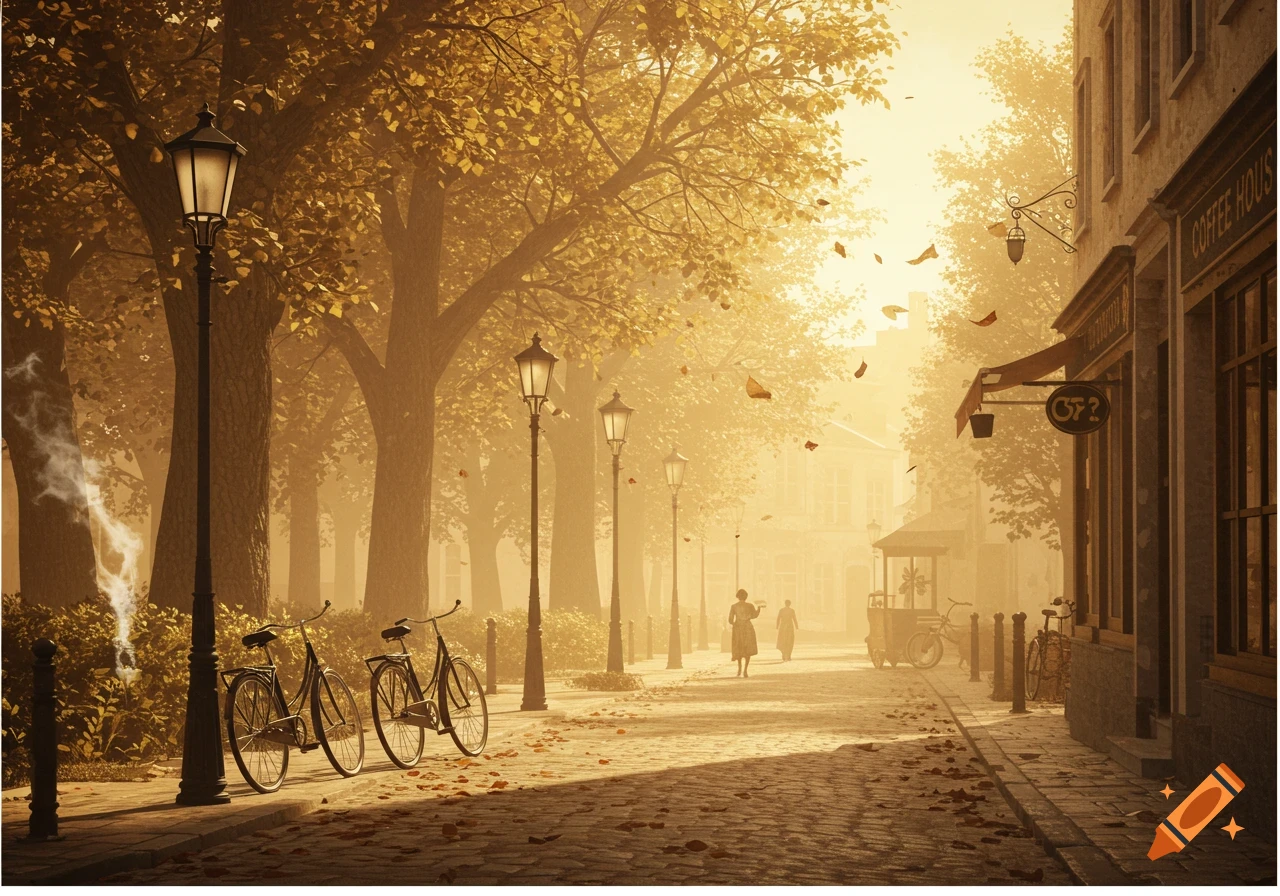 A warm, hazy autumnal street scene with golden trees, lampposts, and two bicycles leaning against a lamppost. Two figures walk in the distance past a coffee shop.