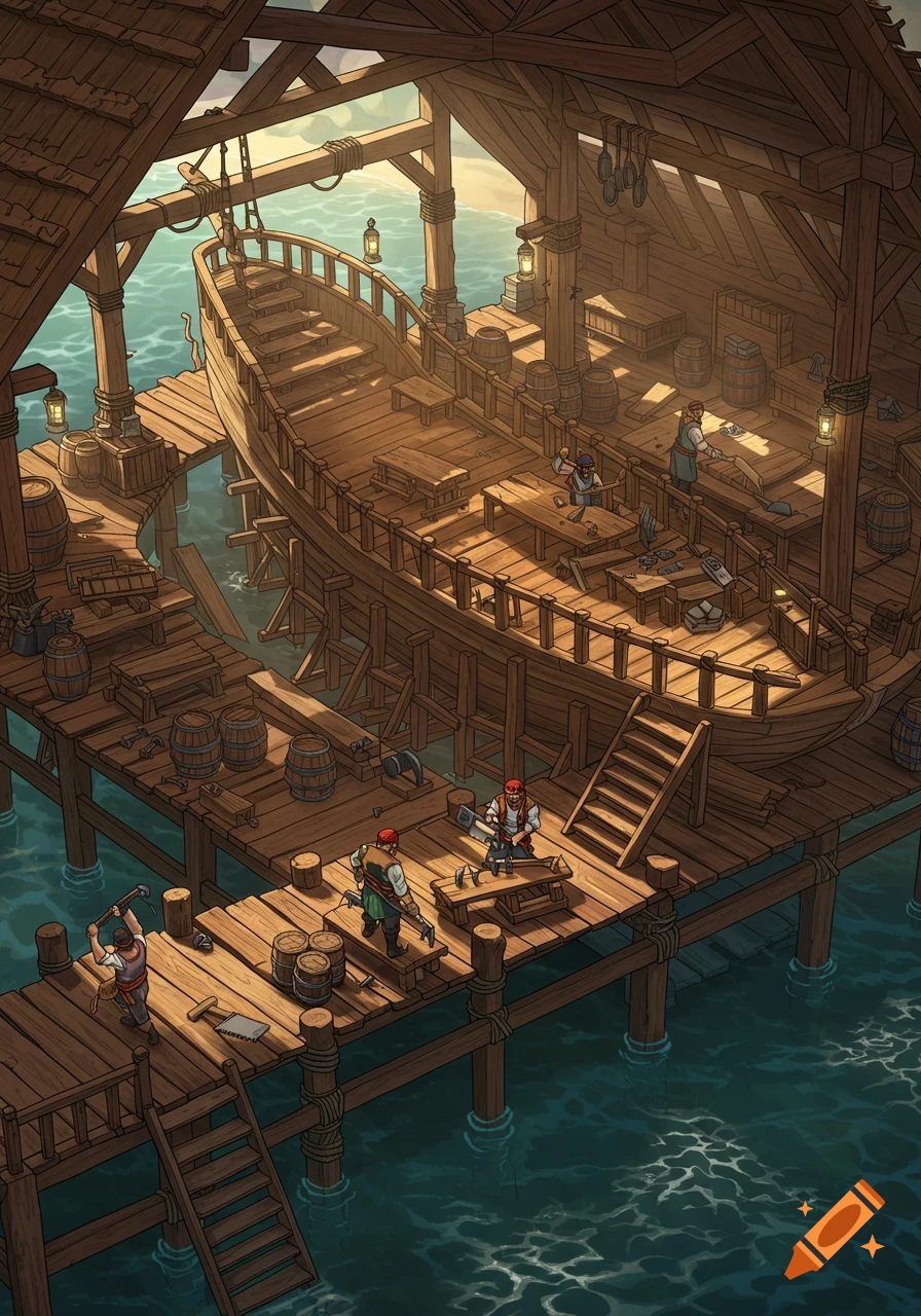 Isometric view of a busy pirate shipyard with workers building a large wooden ship on a dock, painterly style.