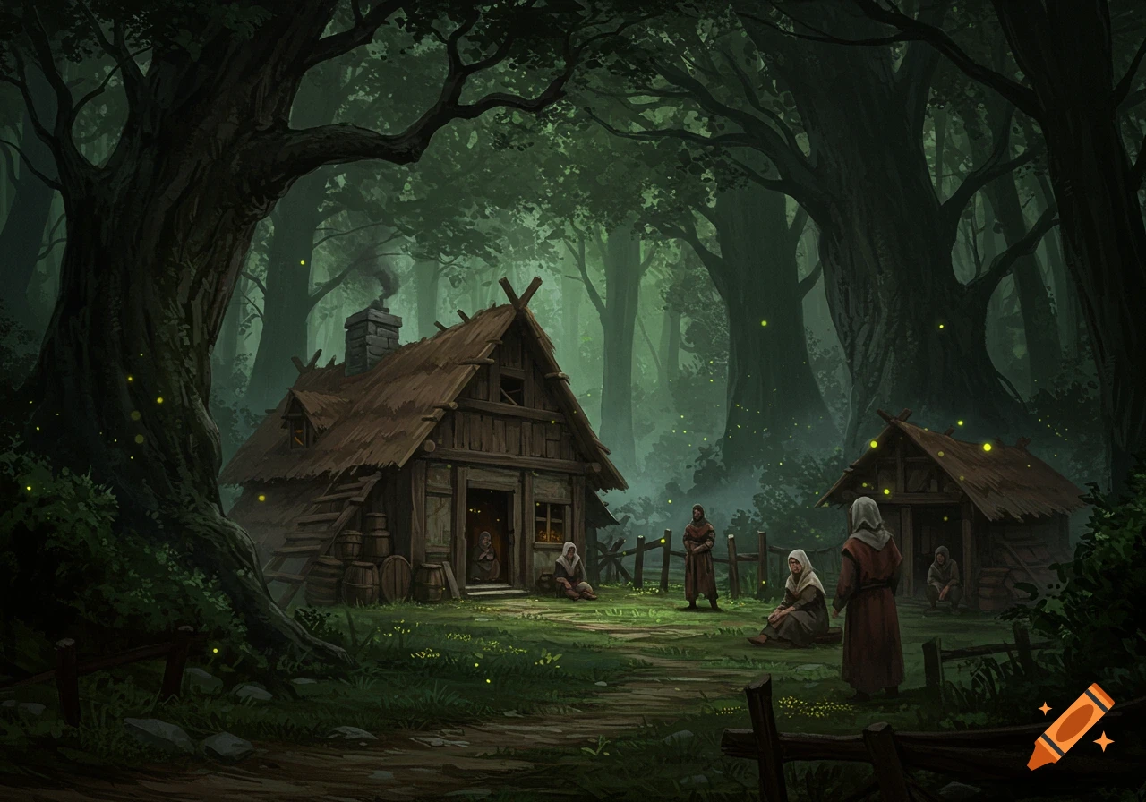 Digital art of a dark, misty medieval forest village with wooden huts, robed figures, and glowing fireflies.