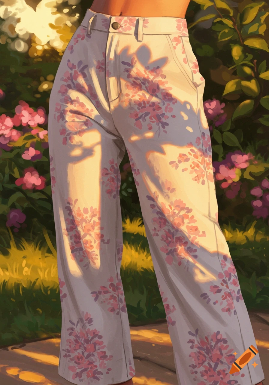 Illustrative close-up of a person wearing white floral pants, bathed in warm sunlight, surrounded by a garden with pink flowers.