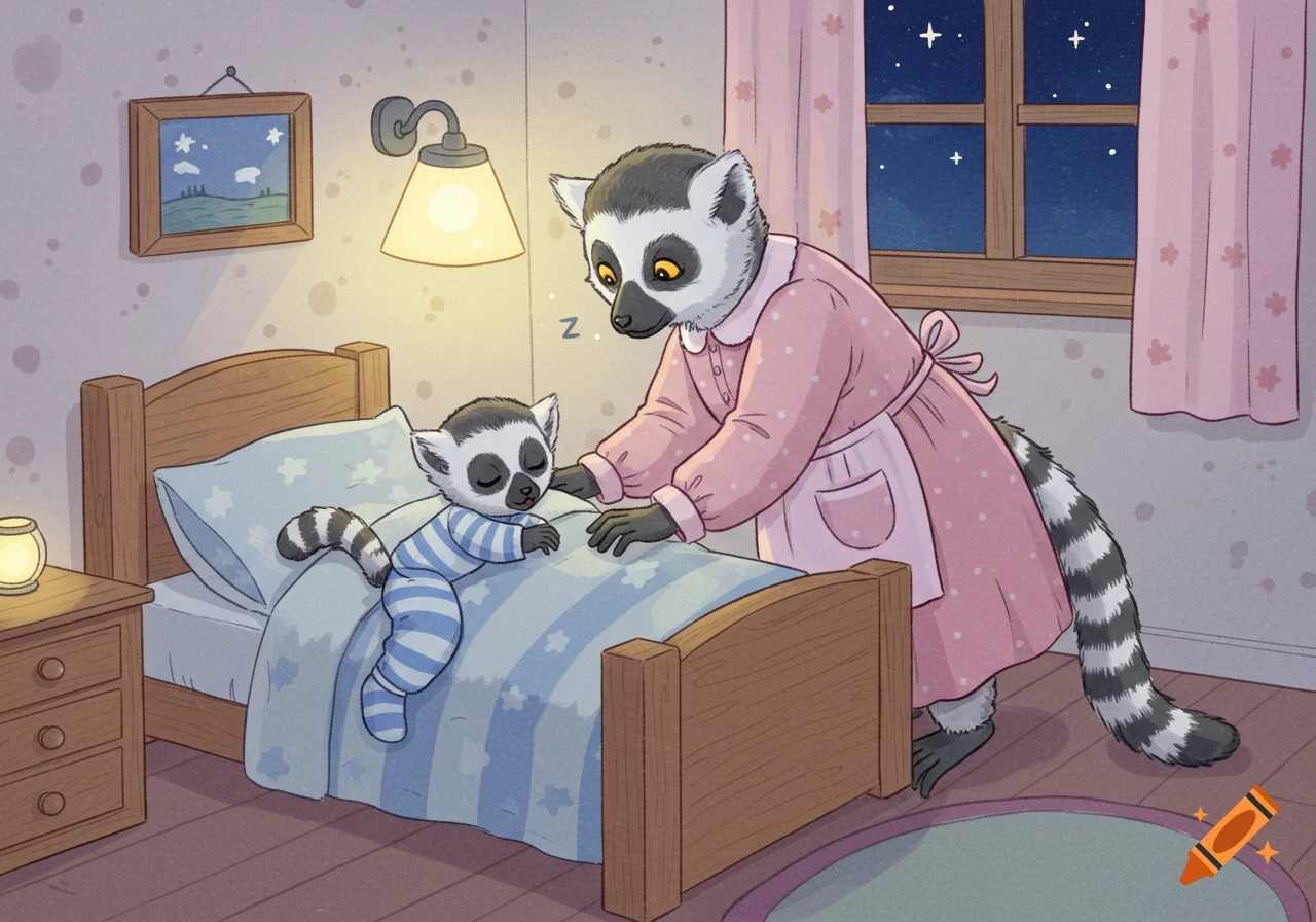 Cartoon illustration of a mother lemur tucking her baby lemur into bed in a cozy bedroom at night.