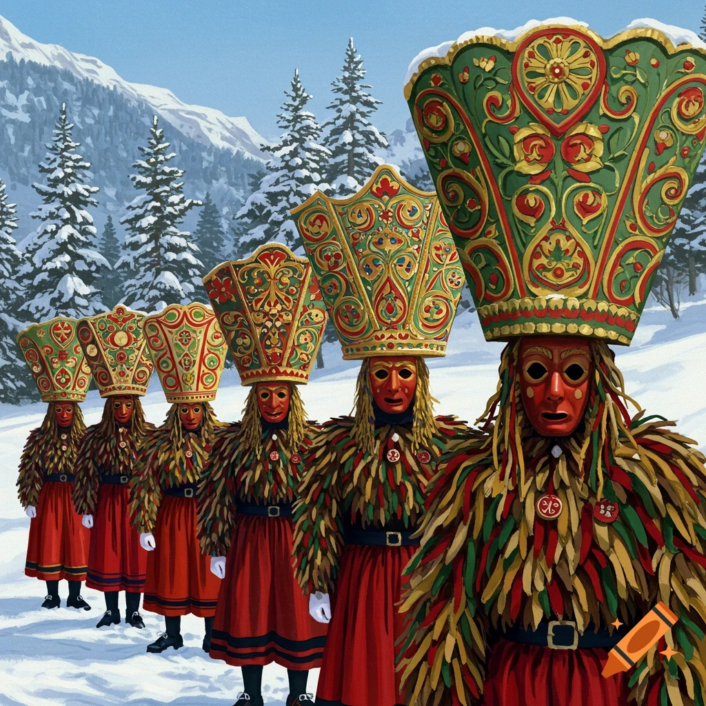 Six Silvesterchläuse in ornate masks and colorful traditional costumes stand in a snowy mountain landscape, illustration.