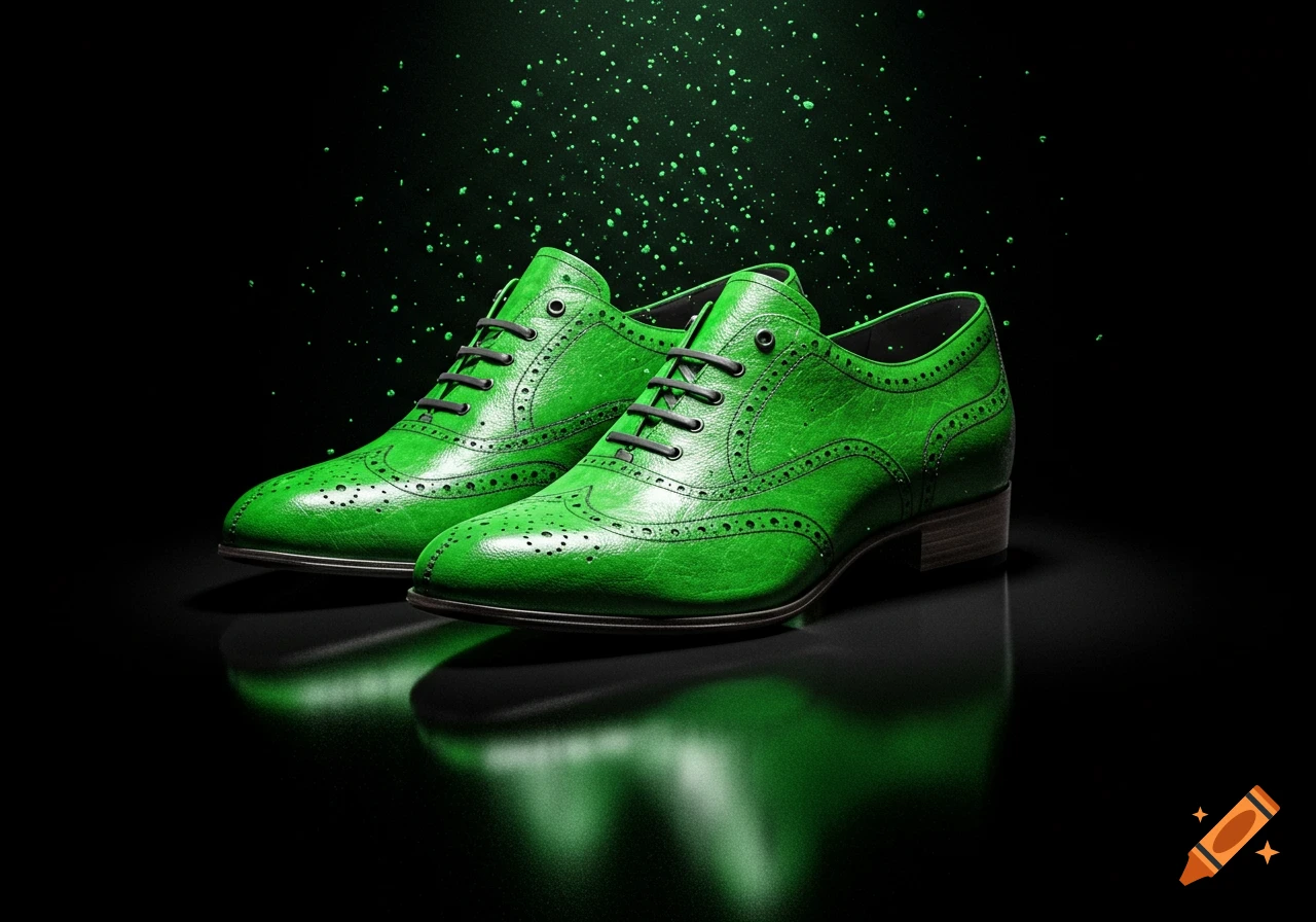 A pair of bright green brogue dress shoes on a reflective black surface with green sparkles in the background, studio shot.