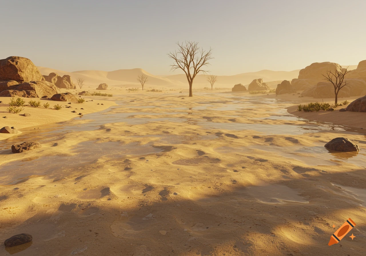 A photorealistic desert landscape with vast sandy terrain, scattered rocks, bare trees, and shimmering patches of wet ground under a clear sky.