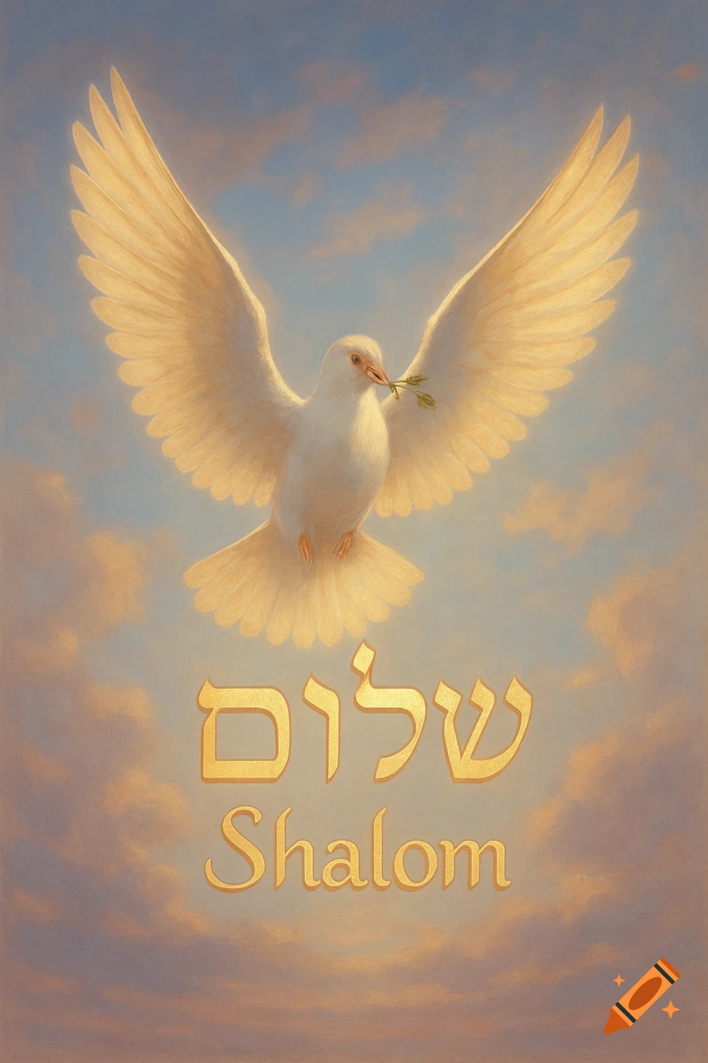A white dove with an olive branch flies in a cloudy sky above the gold Hebrew and English word "Shalom".