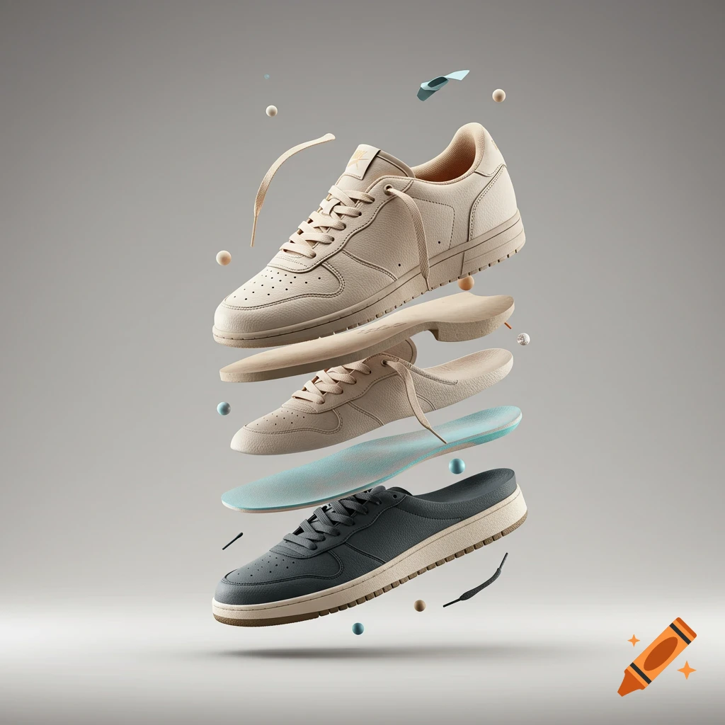 Photorealistic studio shot of a beige shoe disassembled into its floating layers: the upper, two insoles, and a dark gray lower section, all against a plain gray background.