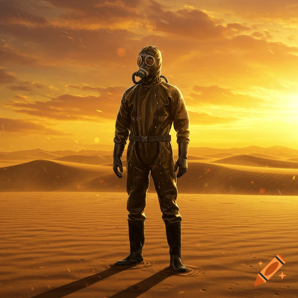 A person in a full black hazmat suit and gas mask stands in a vast, golden desert under a dramatic sunset sky.