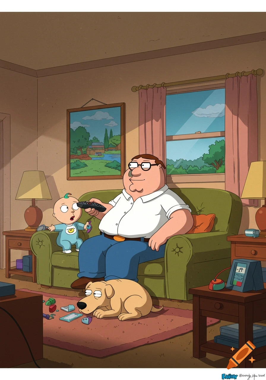 Peter Griffin, Stewie, and Brian from Family Guy in their living room, Peter holds the TV remote while Stewie reaches for it, and Brian lies on the floor, in a cartoon style.