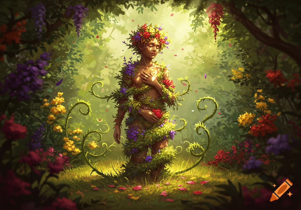 A person covered in vibrant vines and flowers stands in a sunlit, ethereal forest clearing.